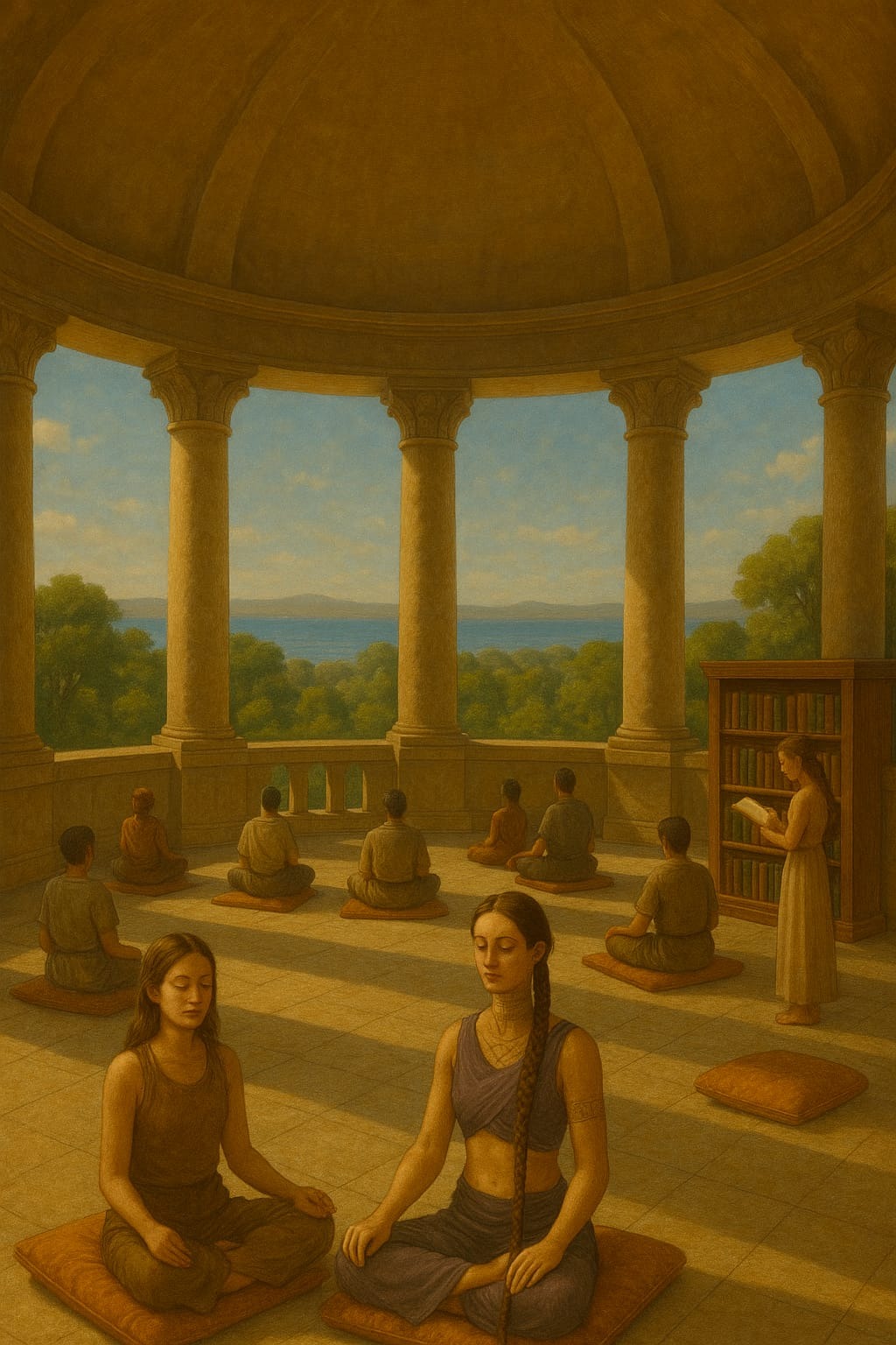 The Domed Colonnade over the Lake — Meditators beneath the dome.