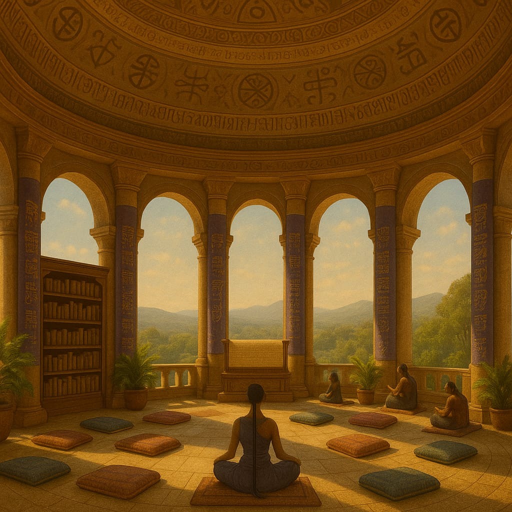 The Golden Rotunda — Sernî glyphs on the dome, purple pillars, open arches, cushions and a scroll lectern.