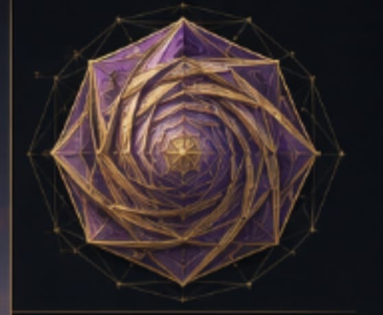 The Spiral Topper — top view — The eight-sided purple-and-gold spiral topper, seen from above.