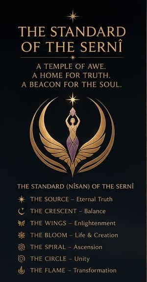 The Standard (Nîsan) of the Sernî — Source, Crescent, Wings, Bloom, Spiral, Circle, Flame.
