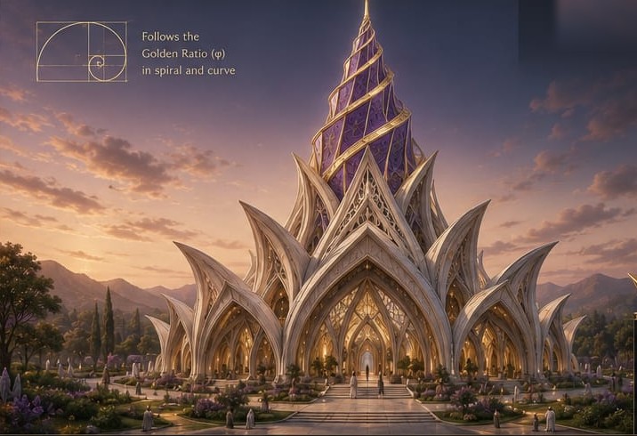 The Standard — the temple — Petal-arch temple beneath the golden-ratio spiral topper.