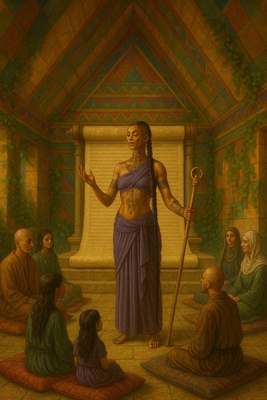 The Scroll Hall — A teacher with a staff before a great scroll; people on cushions beneath a geometric ceiling.